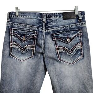 True Luck Jeans Mens 36x32 Blue Straight Leg Embroidered Flap Pocket Distressed